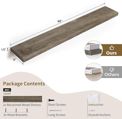 Solid Reclaimed Wood Floating Shelf 48inches Width and 8 inches Depth, Rustic - Image 3