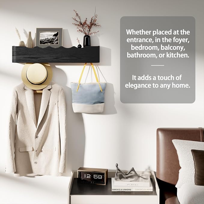 Coat Rack Wall Mount with Shelf 4 Hidden Hooks Modern Wooden Key Holder - Image 6