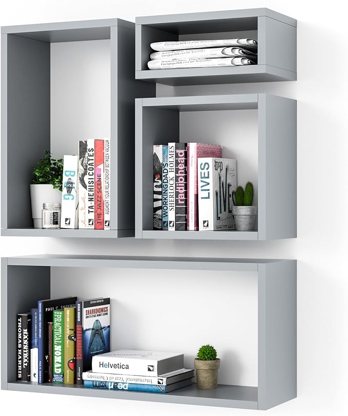 Wall Mount Shelf Set of 4, Floating Cube Shelves by Kaboon