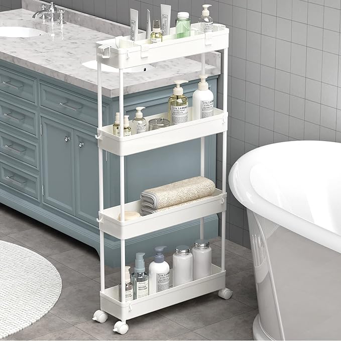 SPACELEAD Slim Storage Cart 4 Tier, Bathroom Organizer Rolling Utility by Home
