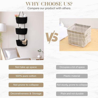 TeoKJ Over the Door Hanging Basket, 3-Tier Woven Cotton Wall-Mounted Storage - Image 9