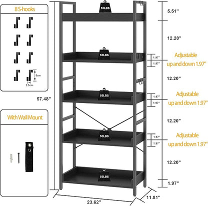 HCHQHS 5 Tier Bookshelf, Adjustable Industrial Bookcase, Vertical Tall Book - Image 3