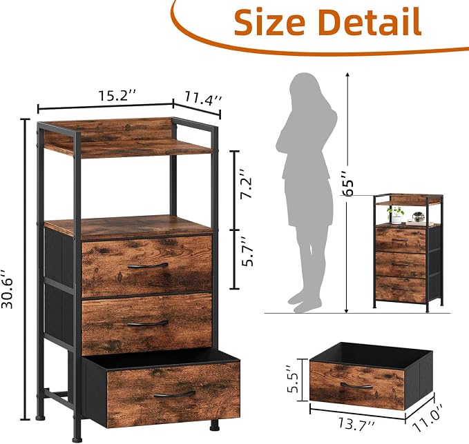 Somdot Nightstand with 3 Drawers, Fabric Dresser - Image 3