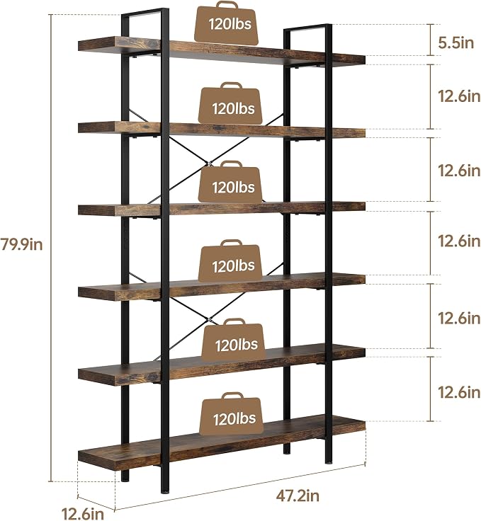 Heavy Duty 6-Tier Industrial Bookcase, 120lbs Shelf Capacity, Rustic Open - Image 2