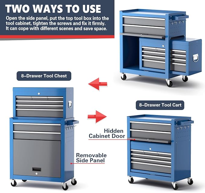 8-Drawer Tool Chest with Wheels, Detachable Top Tool Box, Tool Cabinet with - Image 5