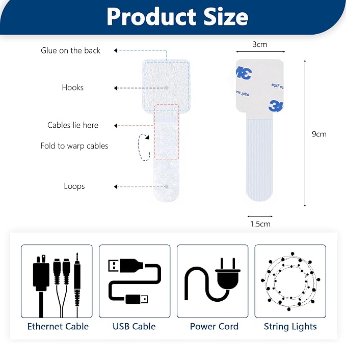 50 PCS Hook and Loop Cable Ties, Under Desk Cable Management, Self Adhesive - Image 3