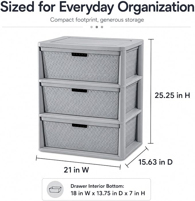 3-Drawer Wide Plastic Storage Cabinet, Smooth Glide Bins, Lightweight Tower - Image 3