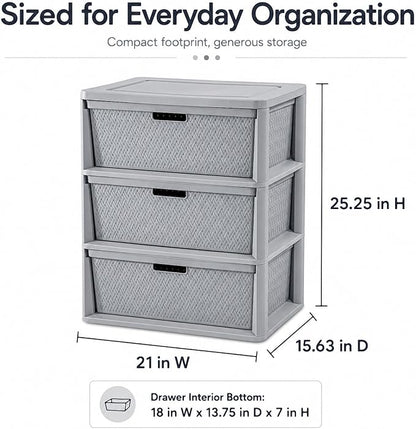 3-Drawer Wide Plastic Storage Cabinet, Smooth Glide Bins, Lightweight Tower - Image 3