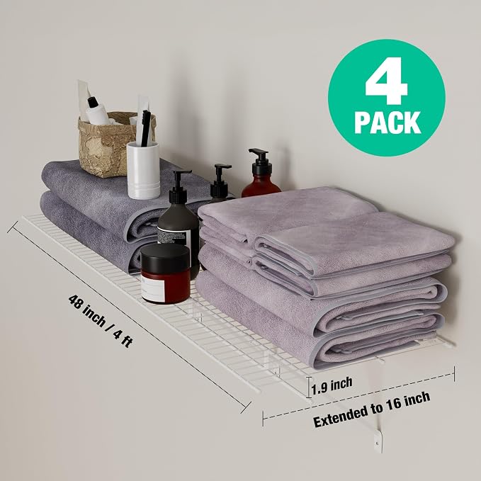 HAUSHOF 4 Pack Closet Shelves Wall Mounted, 4 ft x 16 in Wire Shelf Kit | White - Image 3