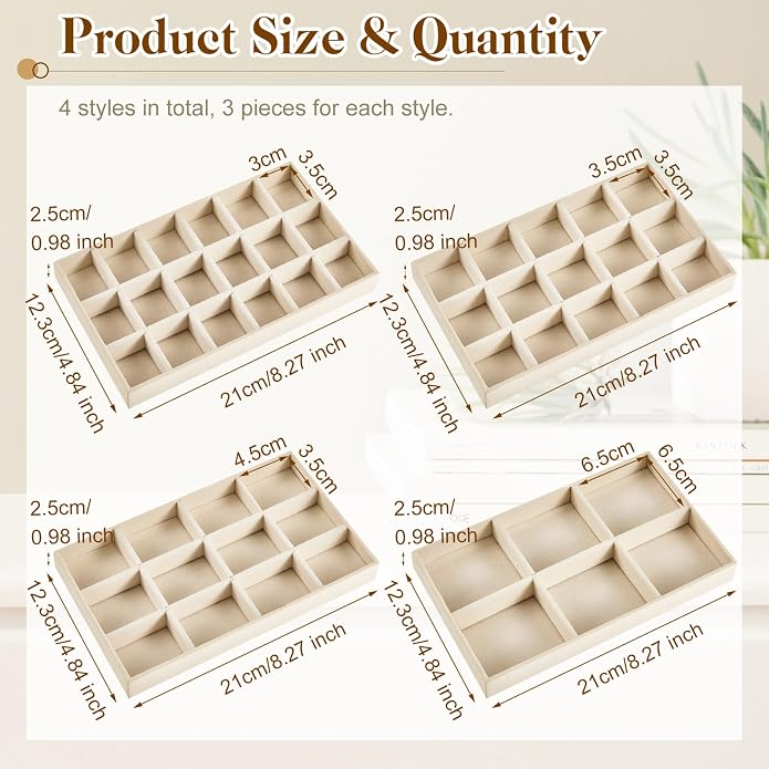 Junkin 12 Pcs Jewelry Tray Velvet Stackable Jewelry Organizer Trays Divided - Image 2