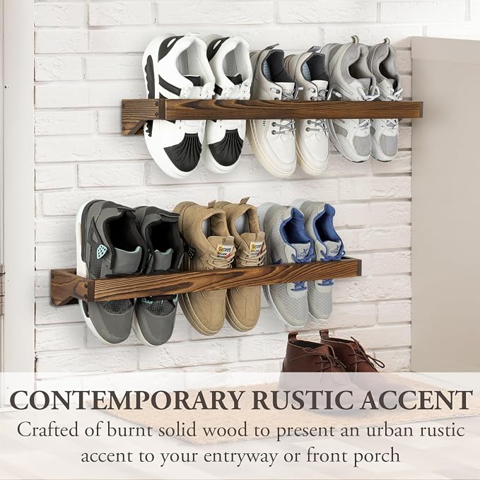 MyGift 30 Inch Rustic Burnt Solid Wood Hanging Shoe Rack, Wall Mounted Storage - Image 3