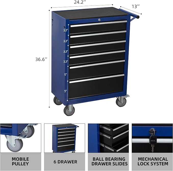 6-Drawer Rolling Tool Chest Cabinet, Large Capacity Metal Tool Box - Image 3