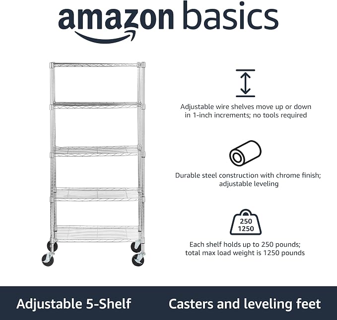 Amazon Basics 5-Shelf Adjustable, Heavy Duty Storage Shelving Unit on 4'' Wheel - Image 2