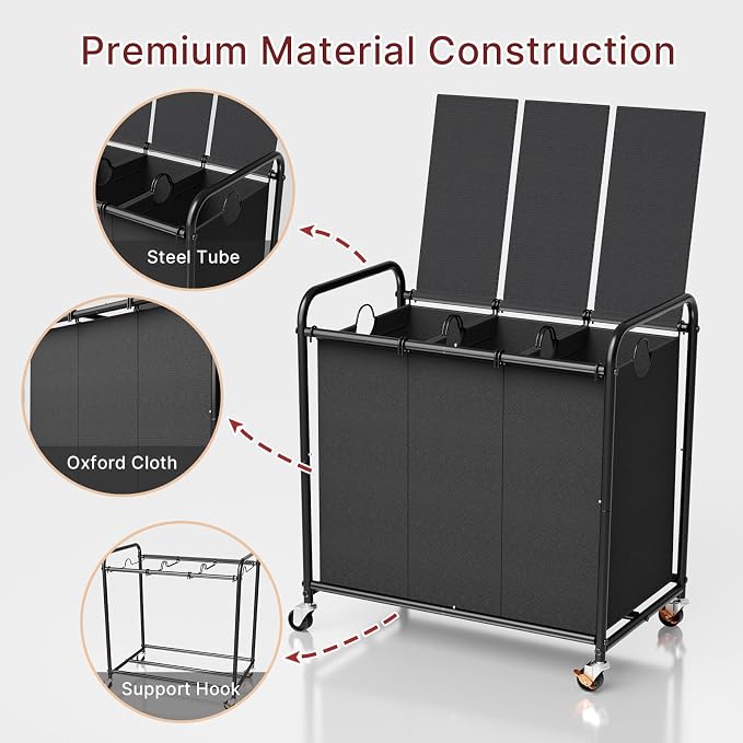 180L Laundry Sorter 3 Section – Heavy Duty Rolling Laundry Basket - Image 7