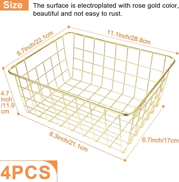 4 Pack Gold Wire Baskets for Organizing Office Wire Storage Basket Gold Metal - Image 2