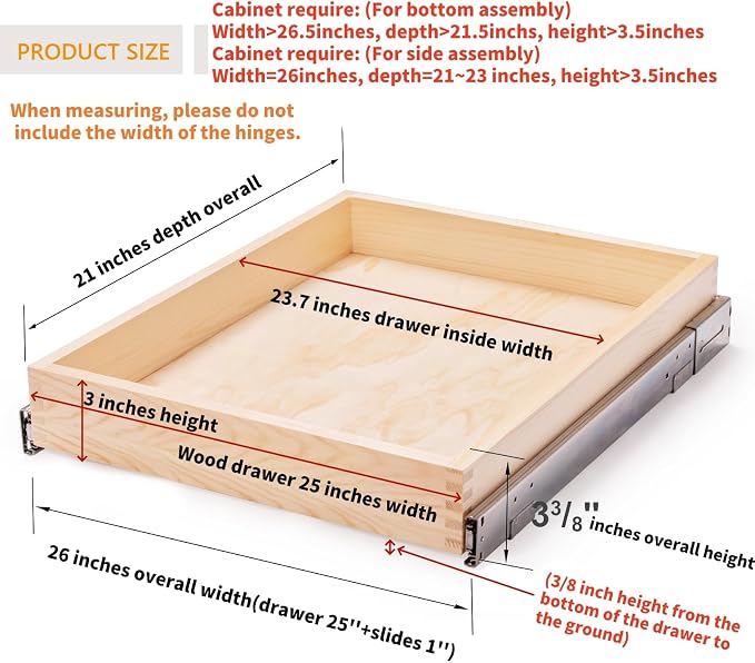 26''W x 21''D x 3''H Pull Out Cabinet Drawer Soft Close Slide Out Wood Organizer - Image 3