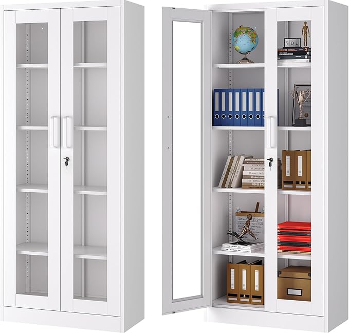 Metal Storage Cabinet with Lock and Glass Doors, Glass Display Cabinet by SISESOL