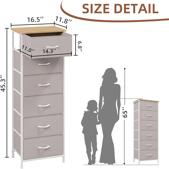 Somdot Tall Dresser for Bedroom, 6 Drawer Storage Cabinet, Ash Grey | Storage - Image 3