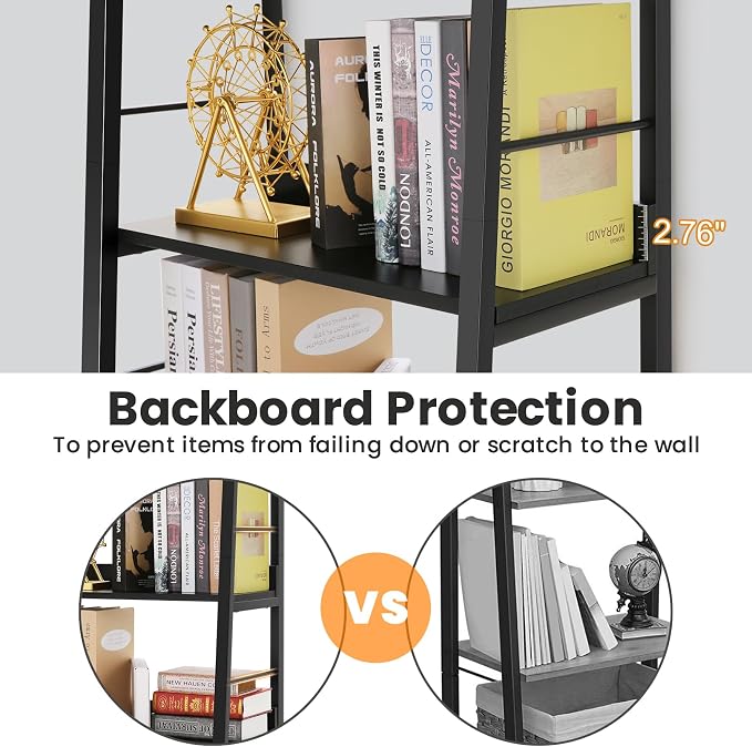 Himimi Black Ladder Bookshelf, 5 Shelf Bookcase Industrial Bookshelf Wood and - Image 5