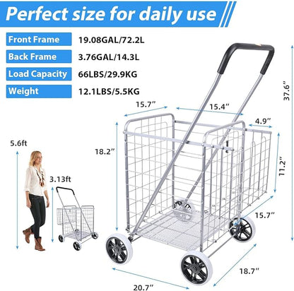 Folding Shopping Cart with Double Baskets, Collapsible Grocery Rolling Utility - Image 2