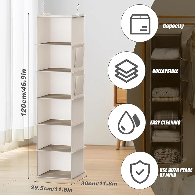 2 Pack 6-Shelf Hanging Closet Storage, Strong Frame Beige Closet Organizer - Image 2