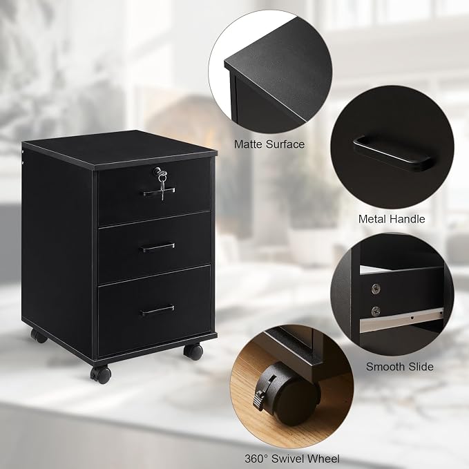 File Cabinet with Lock 3 Drawer Mobile Filing Cabinet with 360° Swivel Wheels - Image 6