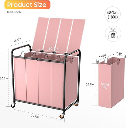 Laundry Sorter 4 Sections 48 Gal, Rolling Laundry Basket - Image 2
