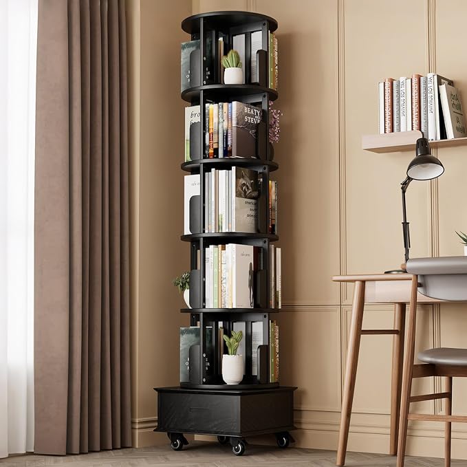 Solid Wood Rotating Bookshelf Tower on Wheels, 5-Tier Spinning Bookcase by Unknown