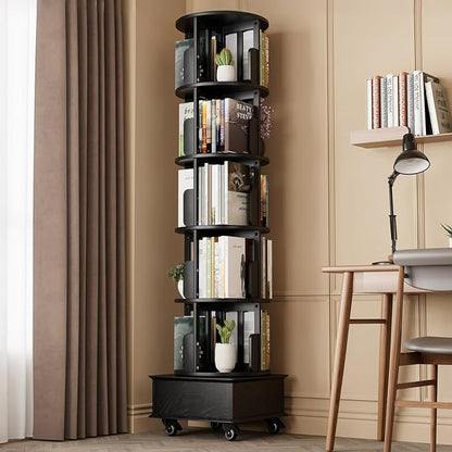 Solid Wood Rotating Bookshelf Tower on Wheels, 5-Tier Spinning Bookcase by Unknown