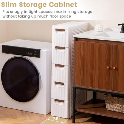 5-Drawer Narrow Storage Cabinet, Slim Rolling Cart | Mobile Plastic Cart - Image 9