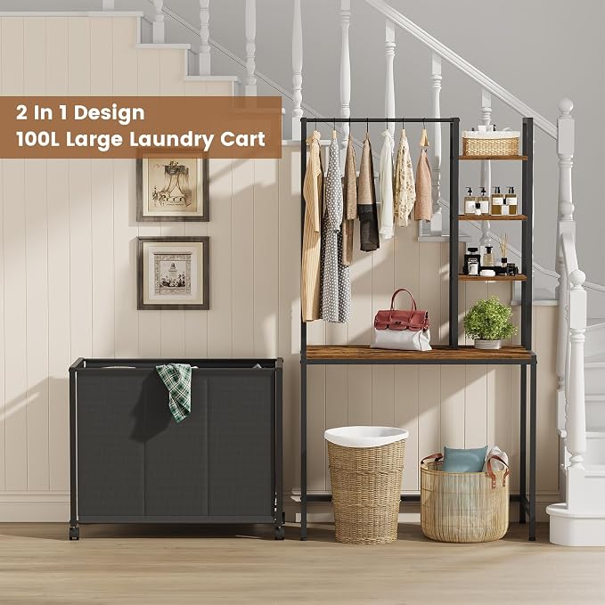Laundry Hamper with 3 Section Rolling Bags and Shelf, 4 Tiers Tall Laundry - Image 4