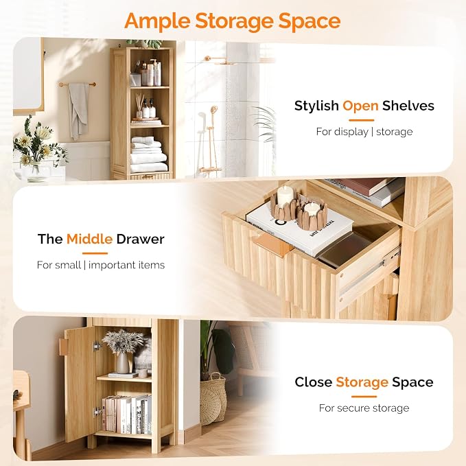 VINGLI Narrow Fluted Bathroom Floor Skinny Storage Cabinet - Image 5