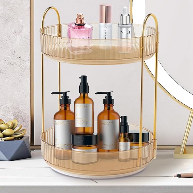 Rotating Makeup Organizer Countertop 2 Tier Lazy Susan Trays Clear Skincare - Image 7