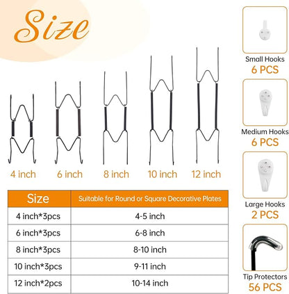 Bilillo 14 pcs Plate Hangers for The Wall, 4/6/8/10/12 Inch Invisible Plates - Image 2