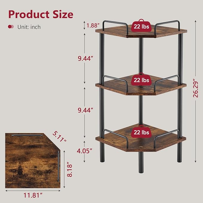 Tajsoon Corner Shelf Stand, 3 Tier Industrial Corner Shelves, Corner Shelving - Image 3