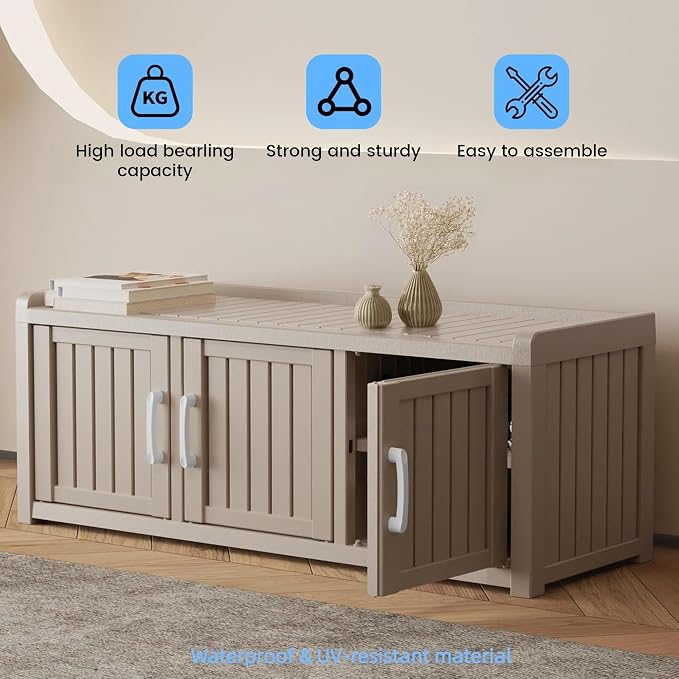 3 Doors Shoe Bench, Waterproof & UV-Resistant, Resin Shoe Cabinet Indoor & - Image 5