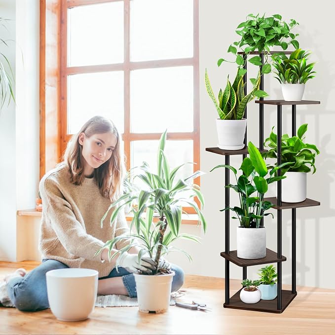 6 Tier Plant Stand Indoor, Thickened Metal Wood Corner Plant Shelf Stands - Image 5