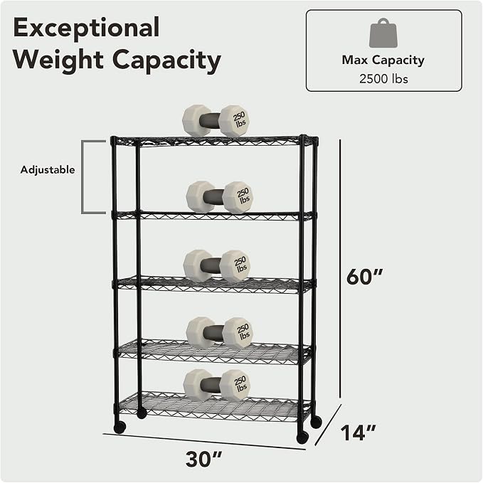 5 Tier Wire Shelving Unit Storage Rack, Metal Heavy Duty Utility Organizers - Image 2