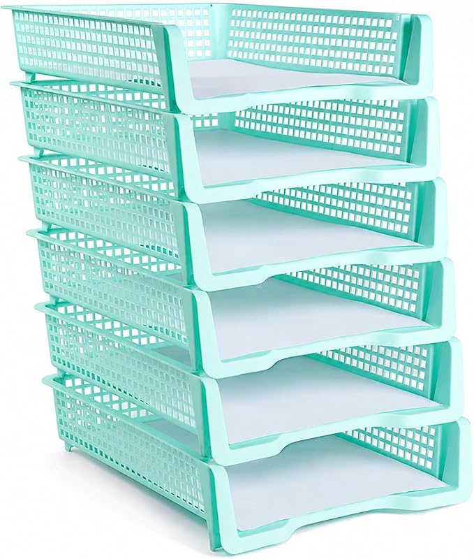 Set of 6 Teal Turn in Trays for Teachers Stackable Classroom Paper Letter Trays by CHUNNIN