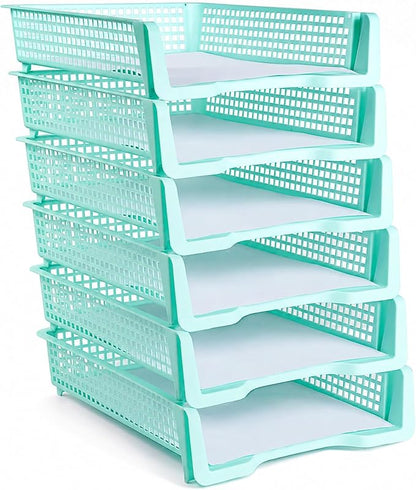 Set of 6 Teal Turn in Trays for Teachers Stackable Classroom Paper Letter Trays by CHUNNIN