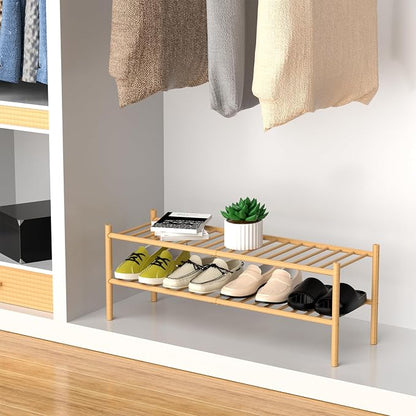 2-Tier Bamboo Long Shoe Rack, Free Standing Wood Shoe Shelf Storage Organizer - Image 4