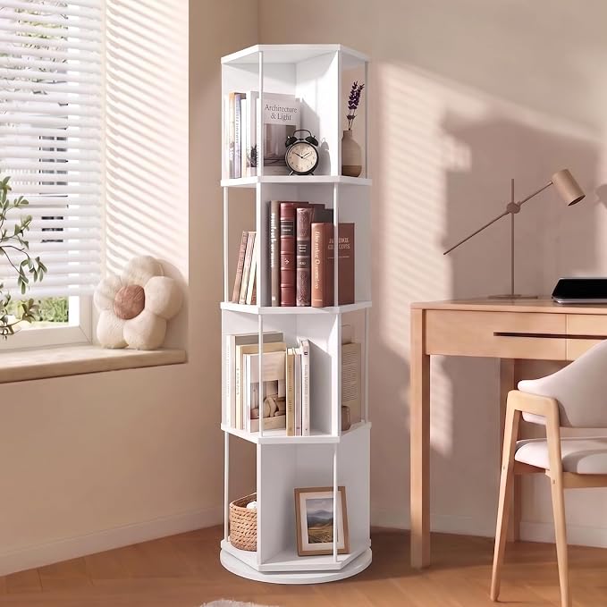 VIWODS 4 Tier Rotating Bookshelf Tower, 360° Display Spinning Bookcase by VIWODS