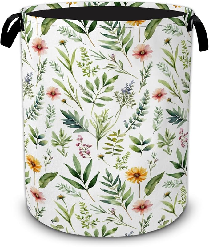 Floral Leaves Laundry Basket, Wildflower Greenery Flowers Collapsible Laundry by Unknown