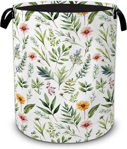 Floral Leaves Laundry Basket, Wildflower Greenery Flowers Collapsible Laundry by Unknown