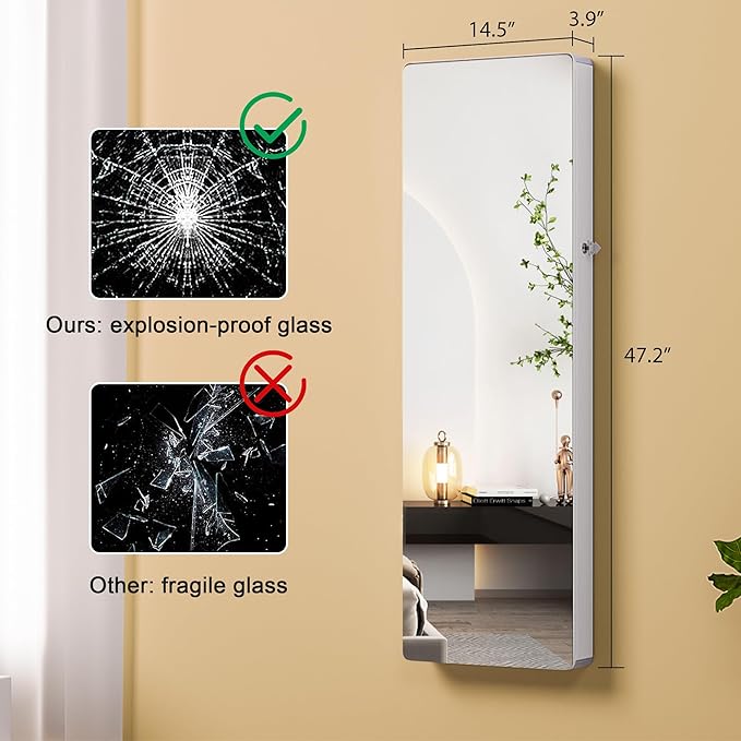 HNEBC LED Mirror Jewelry Cabinet, 47.2" Wall Mounted Jewelry Organizer - Image 4