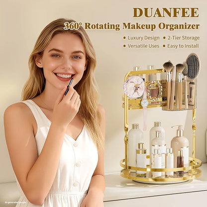 360° Rotating Makeup Organizer for Vanity, 2-Tier Gold Bathroom Organizer - Image 2