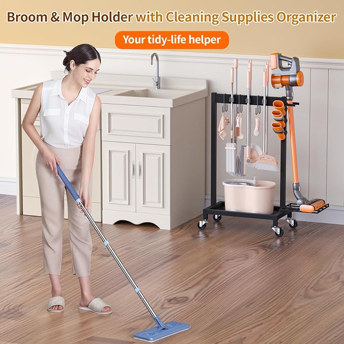 Broom Holder with Cleaning Supplies Organizer Load 160 LBS Cleaning Cart with - Image 7