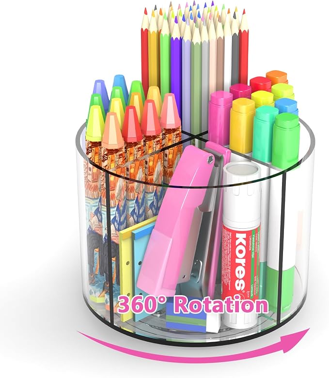 Small Pencil Organizer for Desk Acrylic 4 Compartments, Tiny Rotating Art by Wawocs