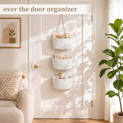 TeoKJ Over the Door Hanging Basket, 3-Tier Woven Cotton Wall-Mounted Storage - Image 2