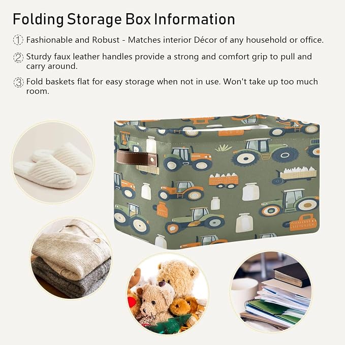 Cute Tractors Green Storage Bins Box Foldable Shelf Basket - Image 5